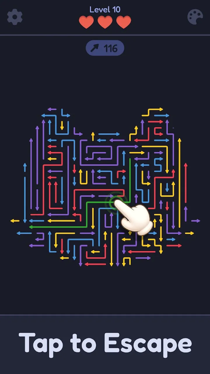 Maze Escape lygis su spalvotomis rodyklėmis ir užrašu Tap to Escape