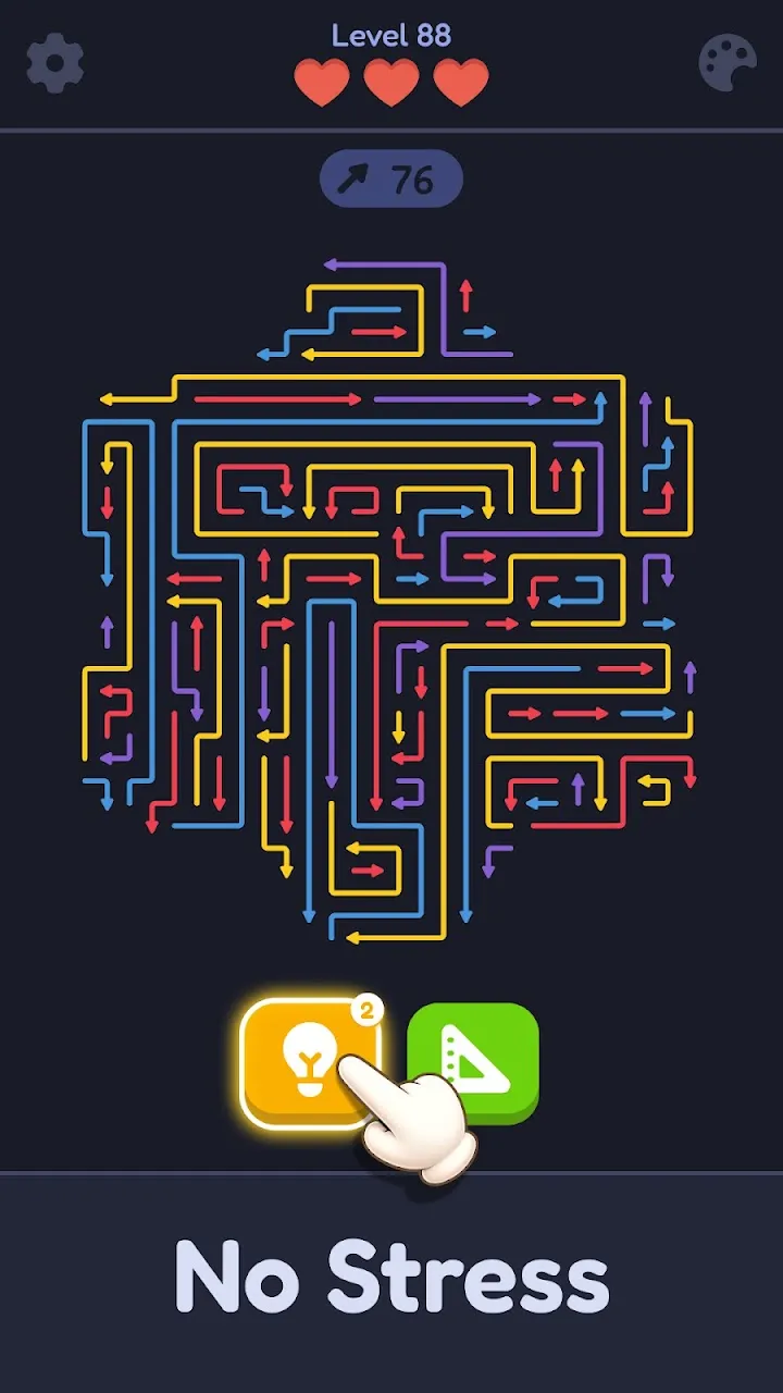 Maze Escape lygis su įvairių spalvų rodyklėmis